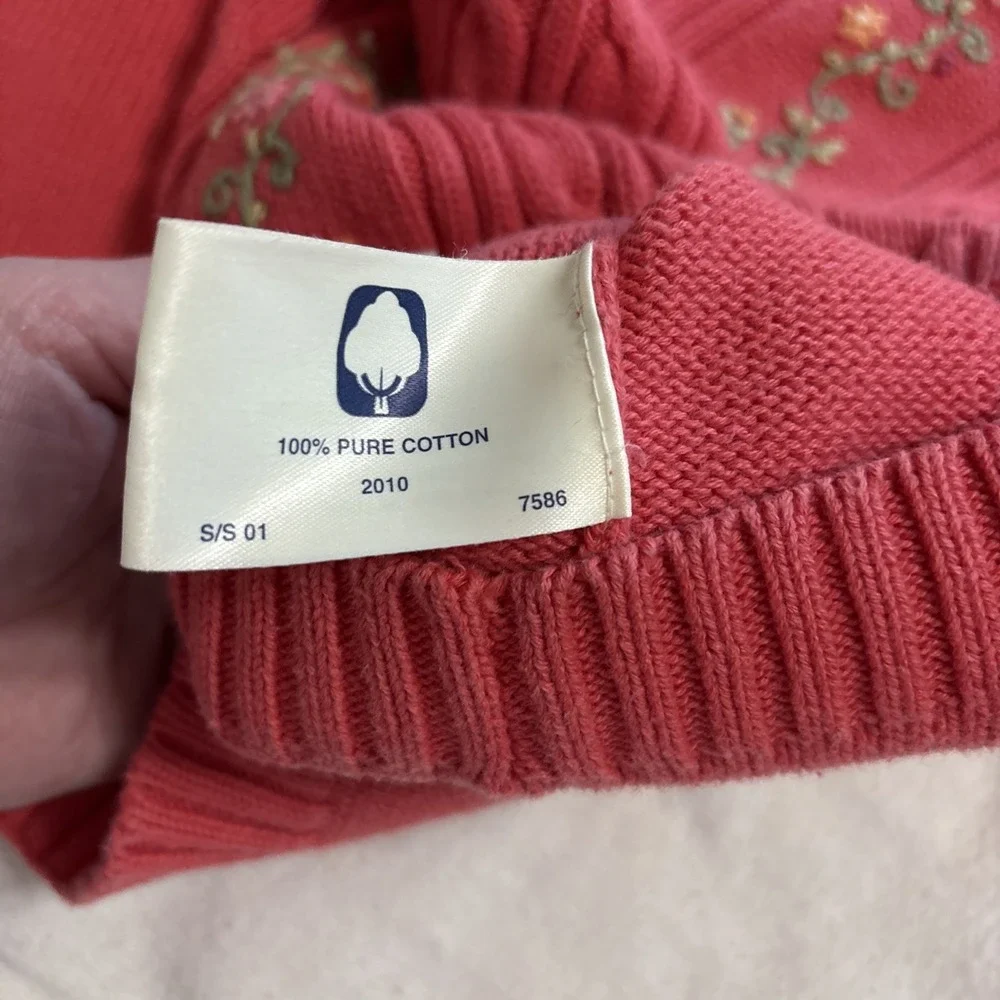Tulchan‎ Pink Knit Sweater Floral Embroidered Trim Cotton SzS Cottagecore